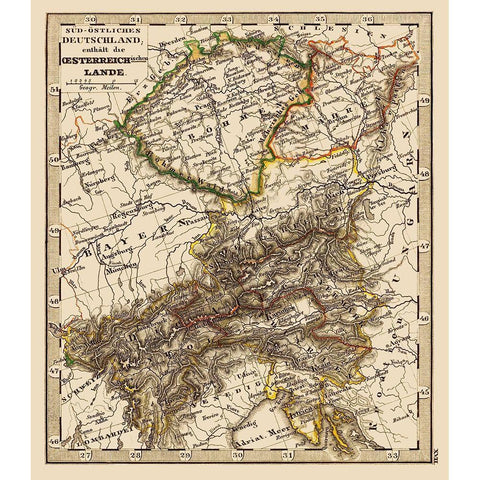 Austria Hungary - Stieler 1852 Black Modern Wood Framed Art Print with Double Matting by Stieler