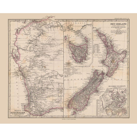 West Australia New Zealand - Stieler  1885 White Modern Wood Framed Art Print by Stieler