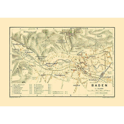 Baden Austria - Baedeker 1910 Gold Ornate Wood Framed Art Print with Double Matting by Baedeker