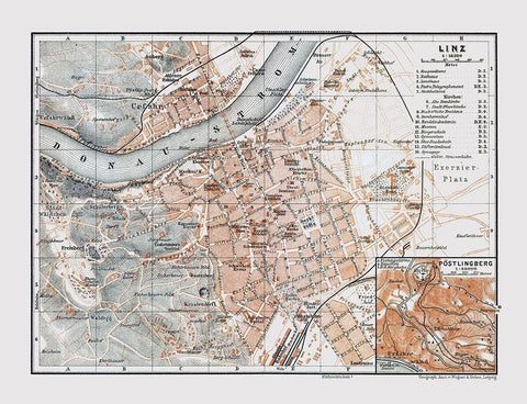 Linz Austria - Baedeker 1910 Black Ornate Wood Framed Art Print with Double Matting by Baedeker
