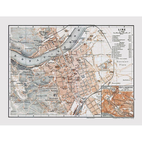 Linz Austria - Baedeker 1910 Gold Ornate Wood Framed Art Print with Double Matting by Baedeker