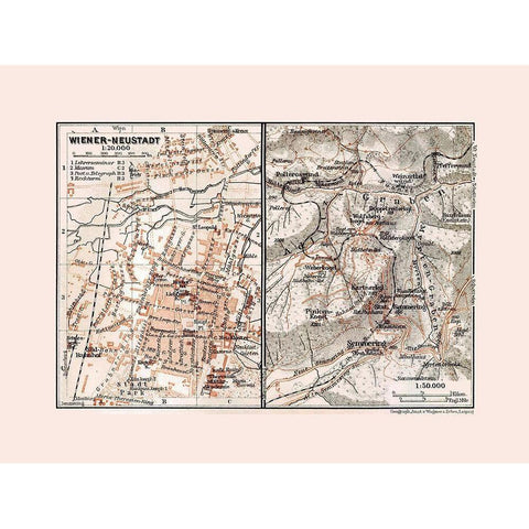 Wiener Neustadt Austria - Baedeker 1910 Gold Ornate Wood Framed Art Print with Double Matting by Baedeker