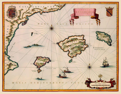 Balearic Islands Spain - Blaeu 1635 Black Ornate Wood Framed Art Print with Double Matting by Blaeu