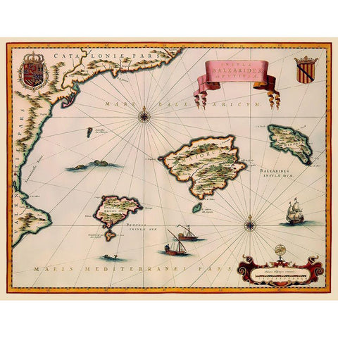 Balearic Islands Spain - Blaeu 1635 Gold Ornate Wood Framed Art Print with Double Matting by Blaeu