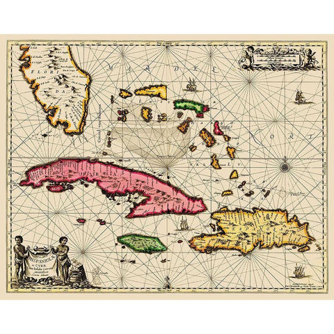 Sea Chart Bahamas Cuba Jamaica - Jansson 1650 Gold Ornate Wood Framed Art Print with Double Matting by Jansson