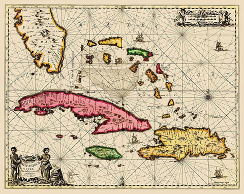 Sea Chart Bahamas Cuba Jamaica - Jansson 1650 White Modern Wood Framed Art Print with Double Matting by Jansson