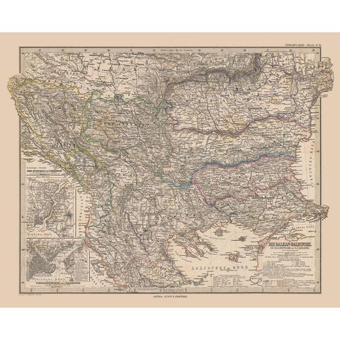 Balkan Peninsula Europe - Stieler 1885 Gold Ornate Wood Framed Art Print with Double Matting by Stieler