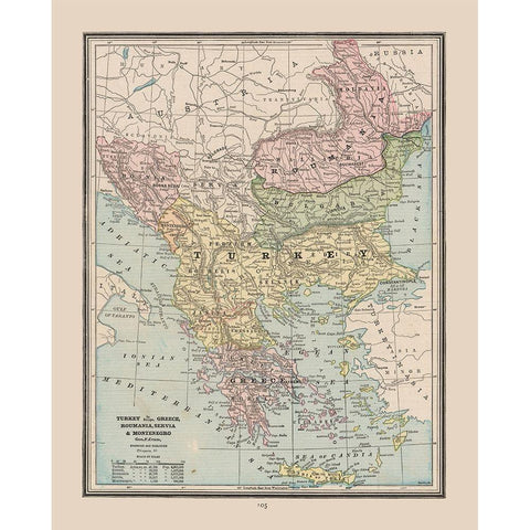 Turkey Greece Romania Serbia - Cram 1888 Gold Ornate Wood Framed Art Print with Double Matting by Cram