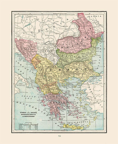 Turkey Greece Romania Serbia - Cram 1892 Black Ornate Wood Framed Art Print with Double Matting by Cram