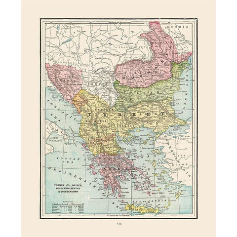 Turkey Greece Romania Serbia - Cram 1892 Gold Ornate Wood Framed Art Print with Double Matting by Cram