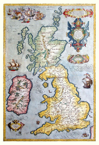 Ancient British Isles - Ortelius 1590 Black Ornate Wood Framed Art Print with Double Matting by Ortelius
