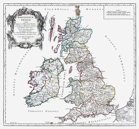 British Isles - Vaugondy 1757 Black Ornate Wood Framed Art Print with Double Matting by Vaugondy