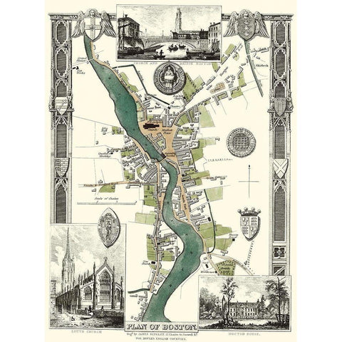 Boston England City Plan - Moule 1837 Gold Ornate Wood Framed Art Print with Double Matting by Moule