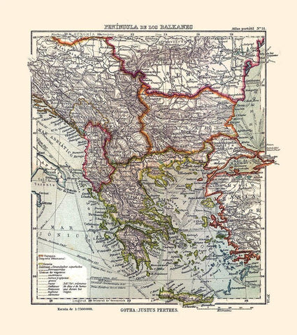 Europe Balkan Peninsula - Perthes 1921 Black Ornate Wood Framed Art Print with Double Matting by Perthes