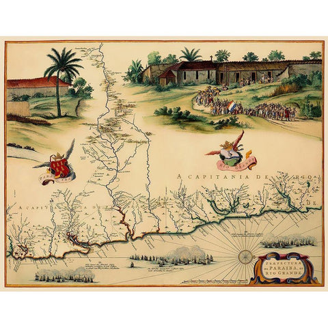 Brazilian Coast Brazil South America - Blaeu 1662 Gold Ornate Wood Framed Art Print with Double Matting by Blaeu