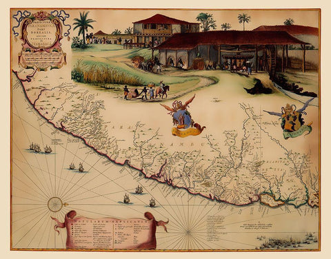 South America Brazil Coast - Blaeu 1662 White Modern Wood Framed Art Print with Double Matting by Blaeu