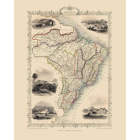 South America Brazil - Tallis 1851 Gold Ornate Wood Framed Art Print with Double Matting by Tallis