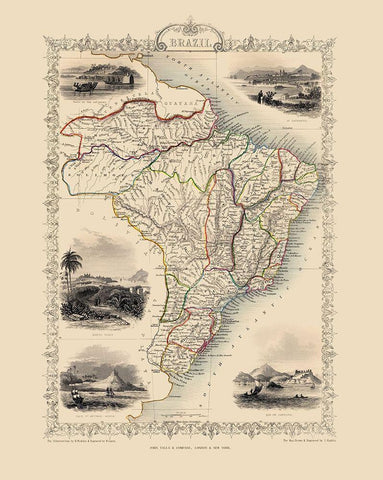 South America Brazil - Tallis 1851 Black Ornate Wood Framed Art Print with Double Matting by Tallis