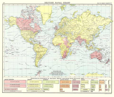 British Naval Chart Global - Newnes 1907 Black Ornate Wood Framed Art Print with Double Matting by Newnes
