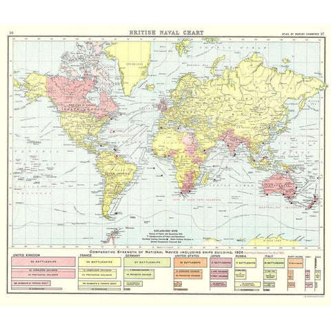 British Naval Chart Global - Newnes 1907 Black Modern Wood Framed Art Print by Newnes
