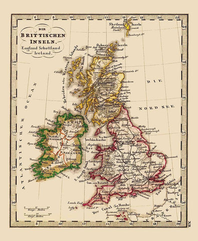 British Isles Great Britain - Stieler 1852 Black Ornate Wood Framed Art Print with Double Matting by Stieler