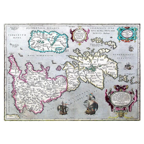 Ancient Britain United Kingdom - Ortelius 1595 Gold Ornate Wood Framed Art Print with Double Matting by Ortelius