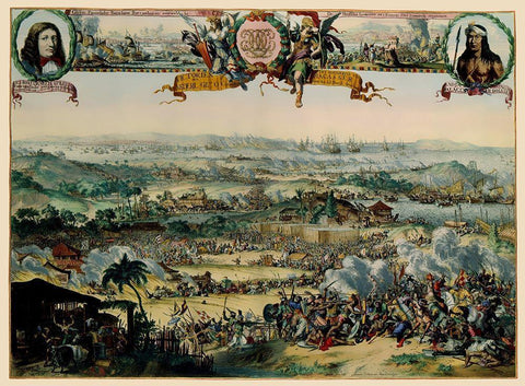 Asia Buginese Samboupo Indonesia Battle Black Ornate Wood Framed Art Print with Double Matting by De Hooghe