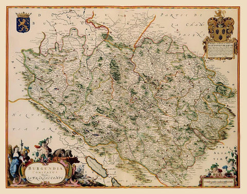 Burgundy Region France - Blaeu 1662 Black Ornate Wood Framed Art Print with Double Matting by Blaeu