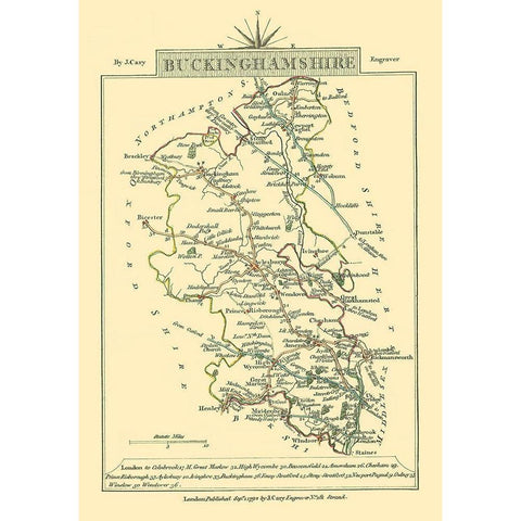 Buckinghamshire County England - Cary 1792 Gold Ornate Wood Framed Art Print with Double Matting by Cary