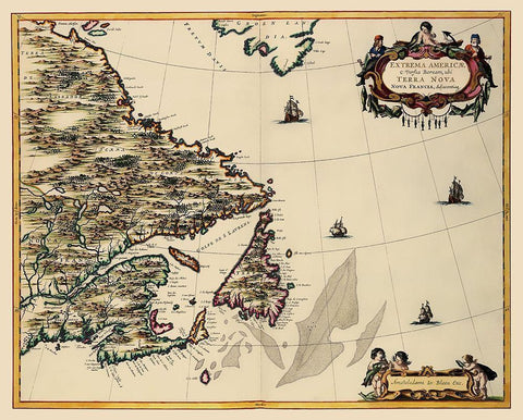Atlantic Coast Canada - Blaeu 1662 Black Ornate Wood Framed Art Print with Double Matting by Blaeu