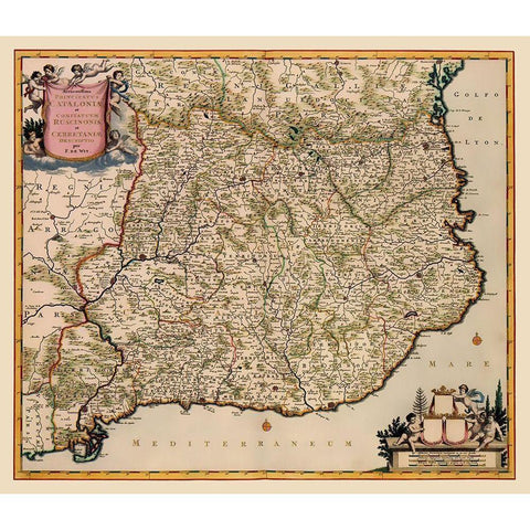 Iberian Peninsula Catalonia Spain - De Wit 1688 Black Modern Wood Framed Art Print with Double Matting by De Wit