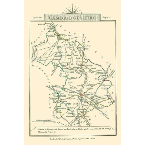 Cambridgeshire County England - Cary 1792 Gold Ornate Wood Framed Art Print with Double Matting by Cary