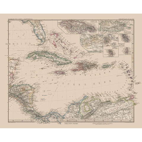 Caribbean Venezuela Columbia Costa Rica Nicaragua Gold Ornate Wood Framed Art Print with Double Matting by Stieler