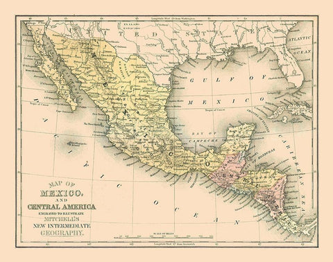 Central America Mexico - Mitchell 1869 Black Ornate Wood Framed Art Print with Double Matting by Mitchell