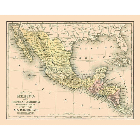 Central America Mexico - Mitchell 1869 Black Modern Wood Framed Art Print with Double Matting by Mitchell