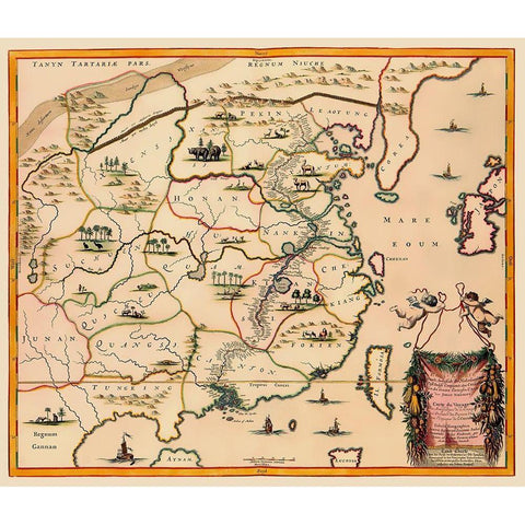 Travel Route China - Nieuhoff 1655 Gold Ornate Wood Framed Art Print with Double Matting by Nieuhoff