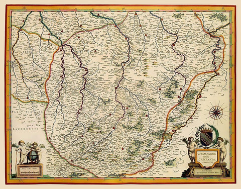 Champagne Region France - Blaeu 1635 Black Ornate Wood Framed Art Print with Double Matting by Blaeu