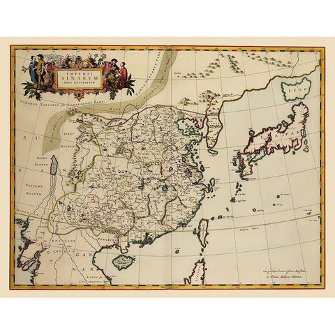 Asia China Korea Japan - Blaeu 1655 Gold Ornate Wood Framed Art Print with Double Matting by Blaeu