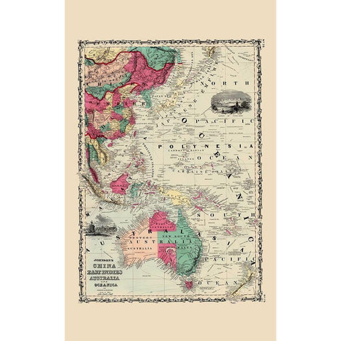 East Indies China Australia Oceanica - Johnson White Modern Wood Framed Art Print by Johnson