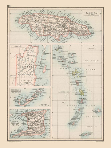 Caribbean Islands - Bartholomew 1892 Black Ornate Wood Framed Art Print with Double Matting by Bartholomew