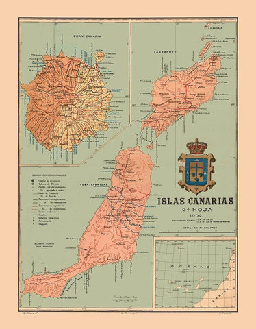 Canary Islands 1902 Africa Spain - Martine 1904 Black Ornate Wood Framed Art Print with Double Matting by Martine