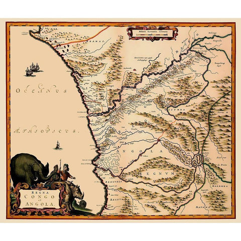 Congo Angola Africa - Blaeu 1662 Black Modern Wood Framed Art Print with Double Matting by Blaeu