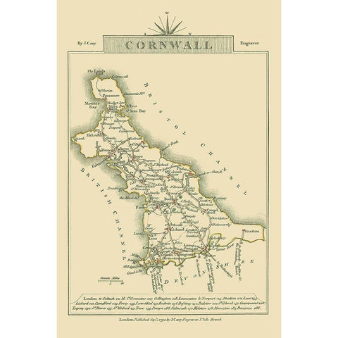 Cornwall County England - Cary 1792 Black Modern Wood Framed Art Print with Double Matting by Cary