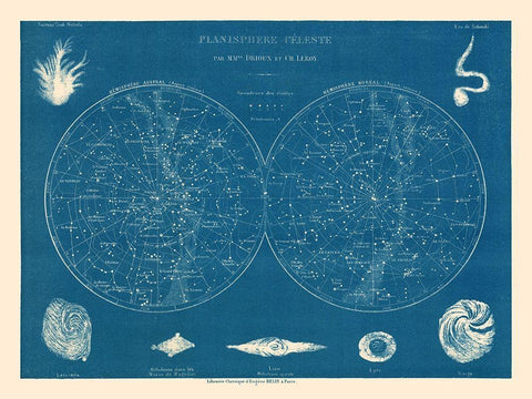 Celestial Planisphere - Drioux 1882 White Modern Wood Framed Art Print with Double Matting by Drioux