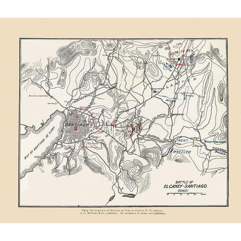 El Carney-Santiago Battle Map 1 of 3 1907 Black Modern Wood Framed Art Print by McClurg