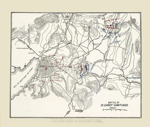 El Carney-Santiago Battle Map 2 of 3 1907 Black Ornate Wood Framed Art Print with Double Matting by McClurg
