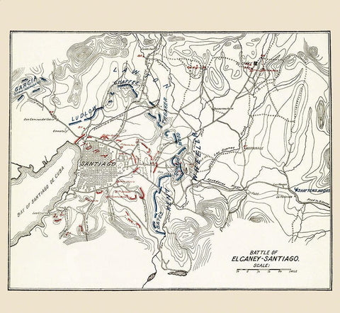 El Carney-Santiago Battle Map 3 of 3 1907 Black Ornate Wood Framed Art Print with Double Matting by McClurg