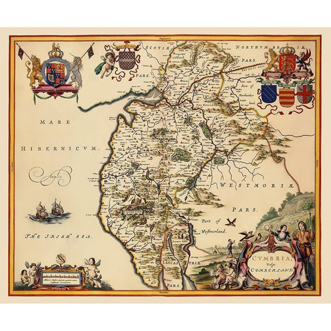 Cumbria Cumberland County England - Blaeu 1645 White Modern Wood Framed Art Print by Blaeu