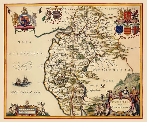 Cumbria Cumberland County England - Blaeu 1645 White Modern Wood Framed Art Print with Double Matting by Blaeu