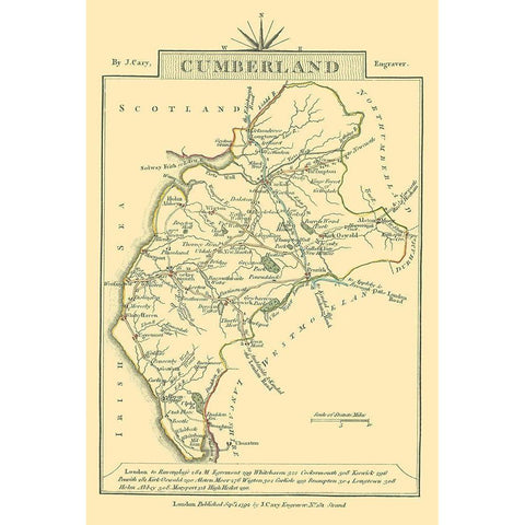 Cumberland County England - Cary 1792 Black Modern Wood Framed Art Print with Double Matting by Cary